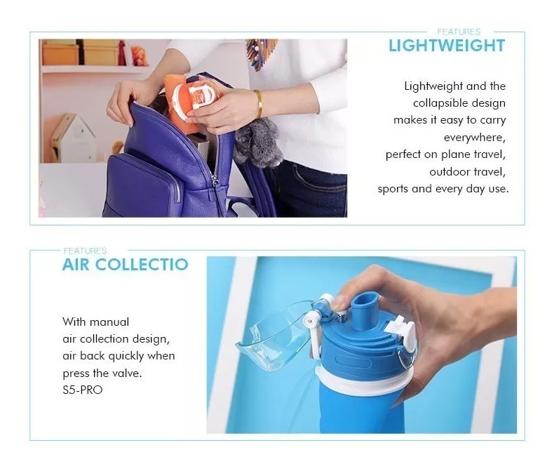Botella Agua Deporte 750ml Flexible Plegable Silicona Segura